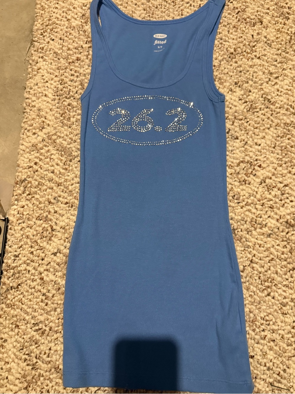 Old Navy Blue ribbed Tank top with Rhinestone 26.2 Graphic size small adult